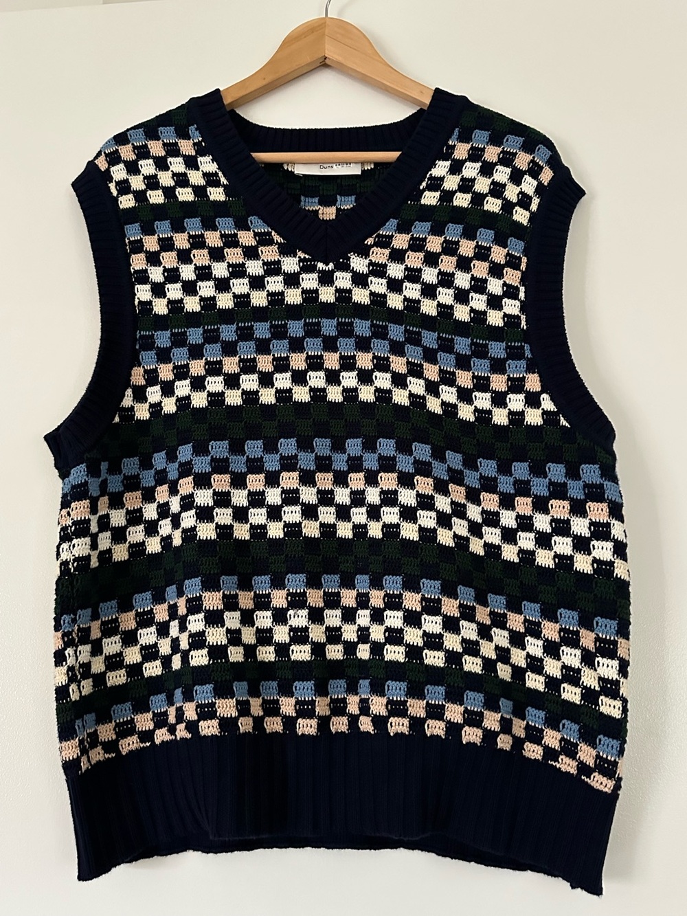Dunst Unisex Cotton Knit Checkerboard Sweater Vest Navy M